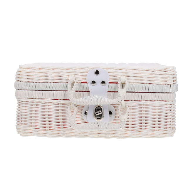 WASHWEPE 1Set Woven Storage Box White Plastic Lock Design Retro Style Storage Container for Home Organization