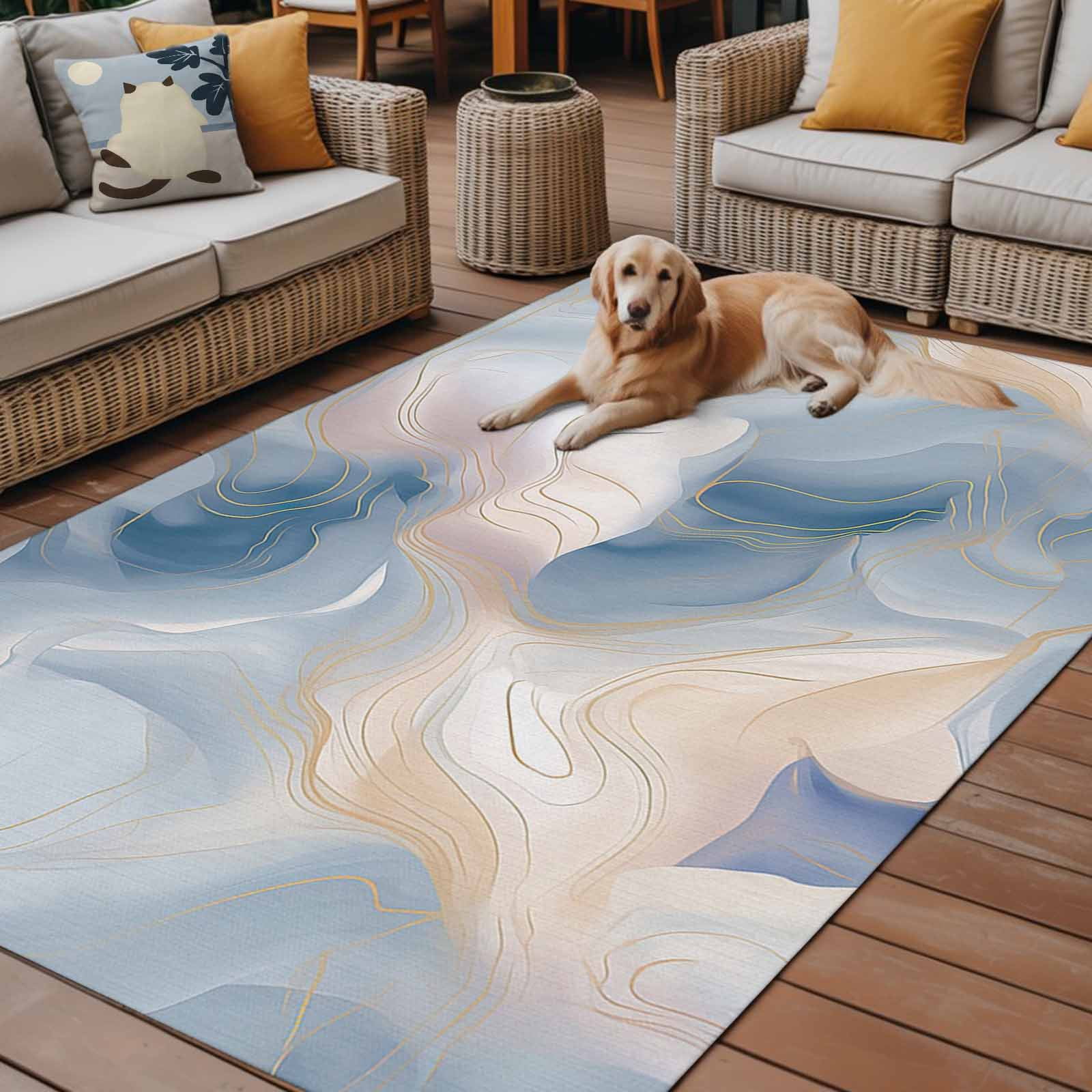 Outdoor Rug 5x8ft Abstract Marble Large Area Rug Ombre Blue Lines Indoor Outdoor Carpet Outdoor Rugs Mats for Patio Camping,RV,Front Door, Outside Decor