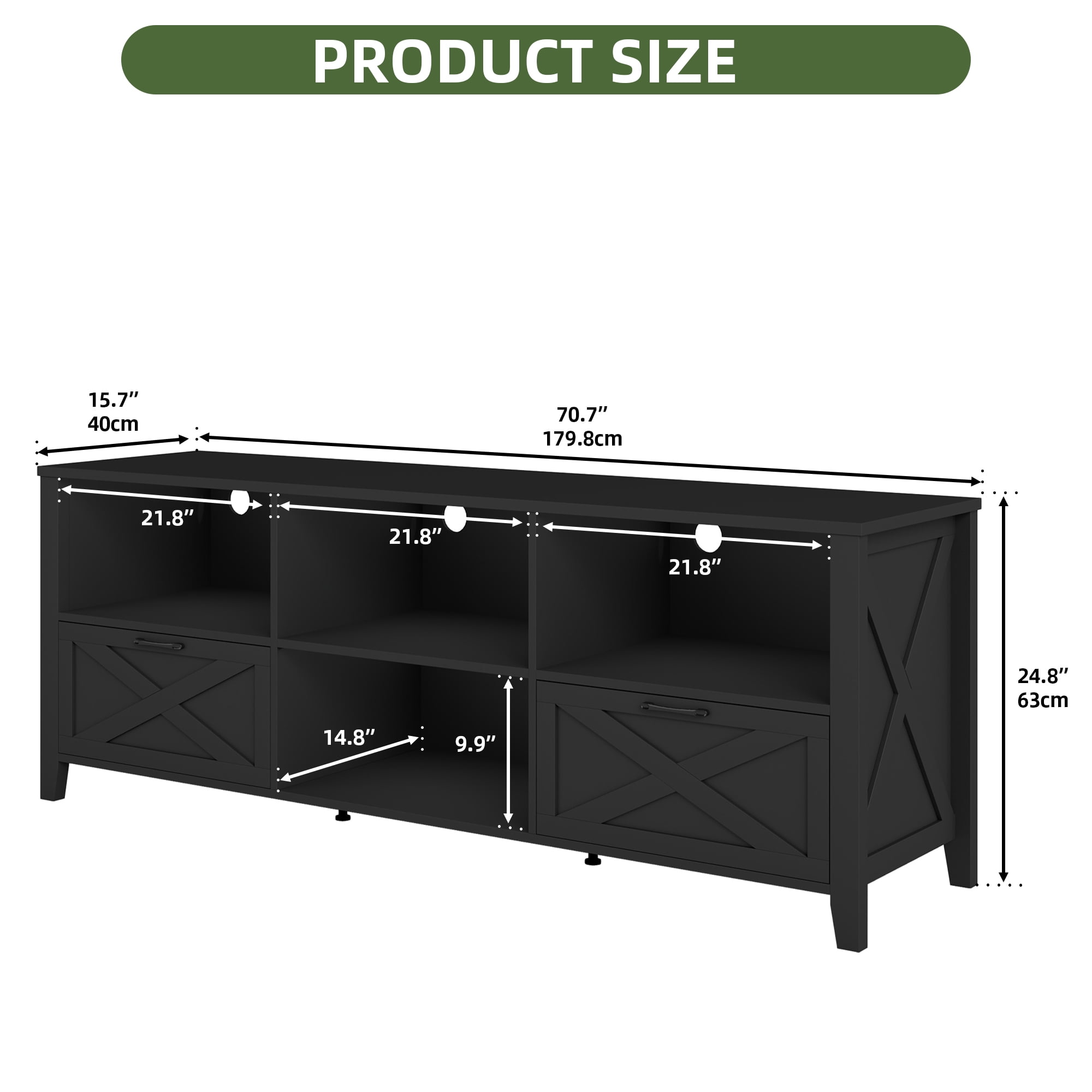 Uforic Modern TV Cabinet with Vibrant LED Lights, 70" Entertainment Center, Fits TVs up to 80", Black