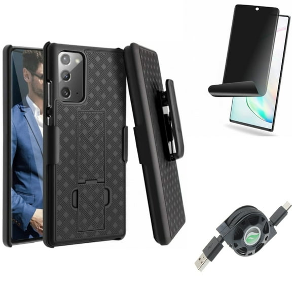 Case Belt Clip & Privacy Screen Protector & USB Cable for Samsung Galaxy Note 20 (6.7") - Combo with Holster Swivel & TPU Film Anti-Peep & Retractable Type-C