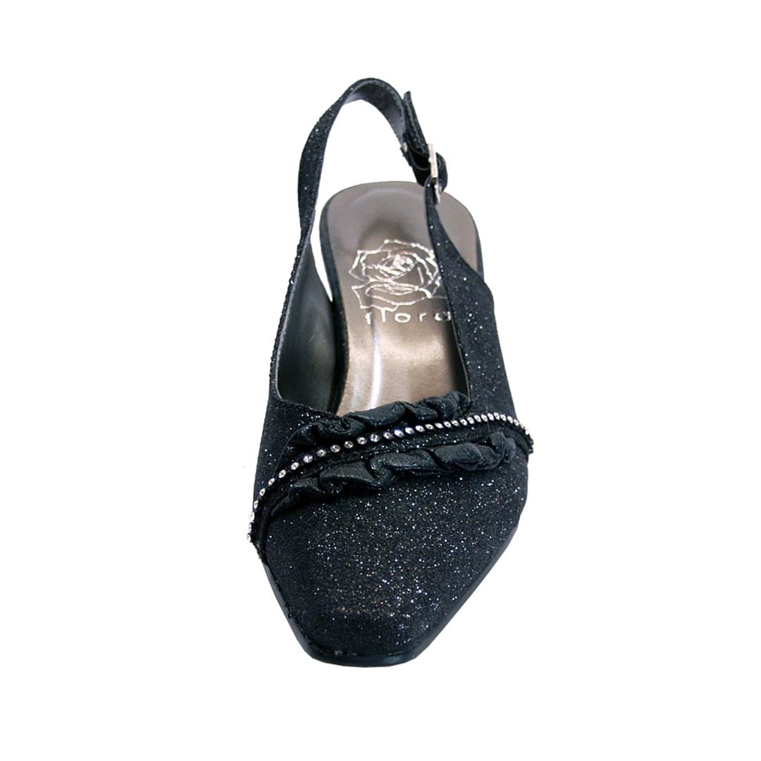 FLORAL Bloom Women Wide Width Falbala Trim With Rhinestone Slingback Shoes BLACK 5.5
