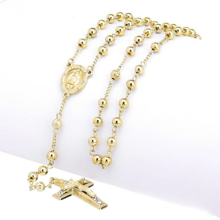 Hip Hop Iced 6mm Bead Rosary Gold Plated Guadalupe & Jesus Cross 28" Necklace HR 600 G