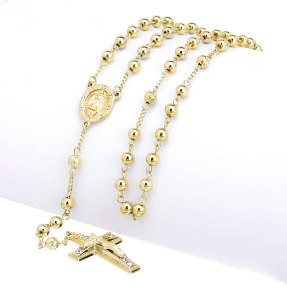 Hip Hop Iced 6mm Bead Rosary Gold Plated Guadalupe & Jesus Cross 28" Necklace HR 600 G