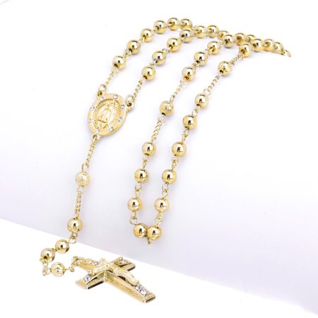 Hip Hop Iced 6mm Bead Rosary Gold Plated Guadalupe & Jesus Cross 28" Necklace HR 600 G