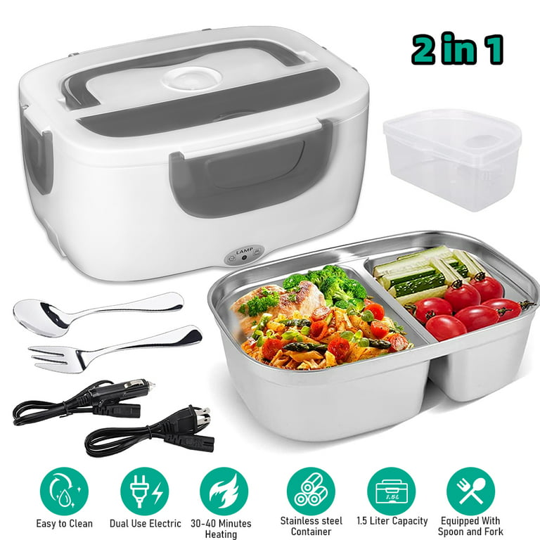 Electric Heating Lunch Box Food Heater/Warmer Portable Heated Lunch Boxes  for Car truck and Home Work Adults Electric Lunch Box,Leak Proof, 1.5L  Removable 304 Stainless Steel Container,SS Fork & Spoon 