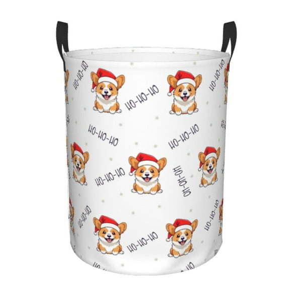 Balery Corgi With Santa Claus Hat Cesta de ropa redonda con asas, impermeable, independiente, para ropa, juguetes, dormitorio y familia-Small