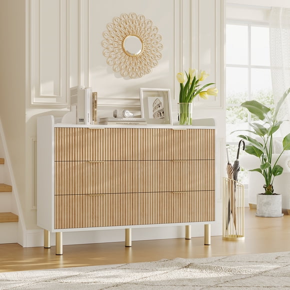 Cómoda ancha de madera acanalada para dormitorio - 6 cajones grandes - Diseño curvado moderno - Tiradores metálicos - Organizador elegante y espacioso para ropa y almacenamiento