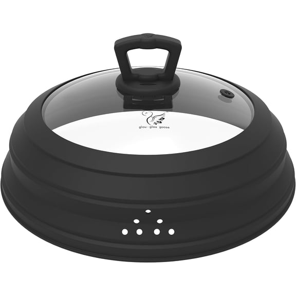 Microwave Splatter Cover Vented Glass Splatter Guard Lid with Collapsible Silicone for Food as Pot Cover Plate 10.8 inch for 6 7 8 9 10 inch Plate Bowl