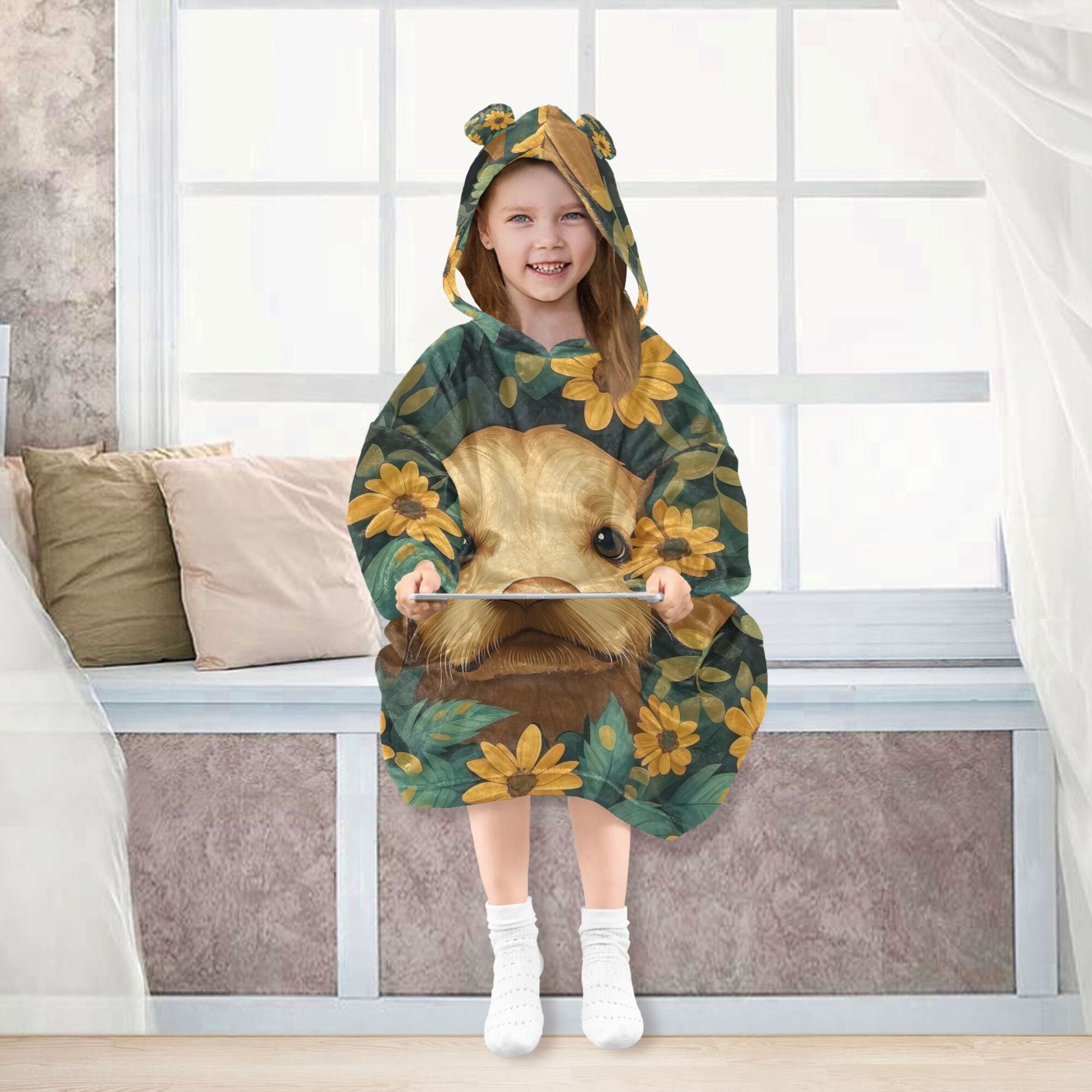 FORMRS Wearable Blanket Hoodie with Sleeves for Kids Cozy Flannel Sweatshirt, Flowers and Dog
