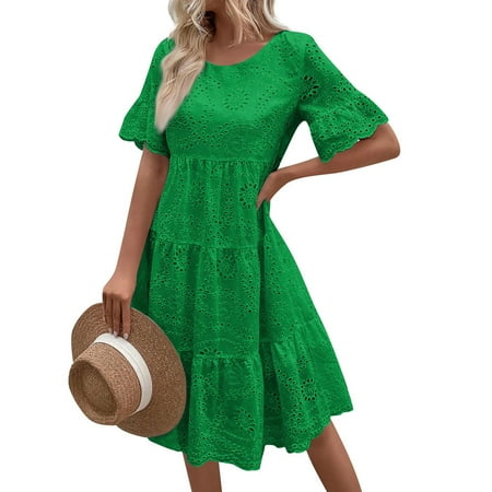 Qwertyu Women s Lace Eyelet Short Sleeve Tiered Midi Dresses Ruffle Hem Babydoll Summer Dresses Green XL