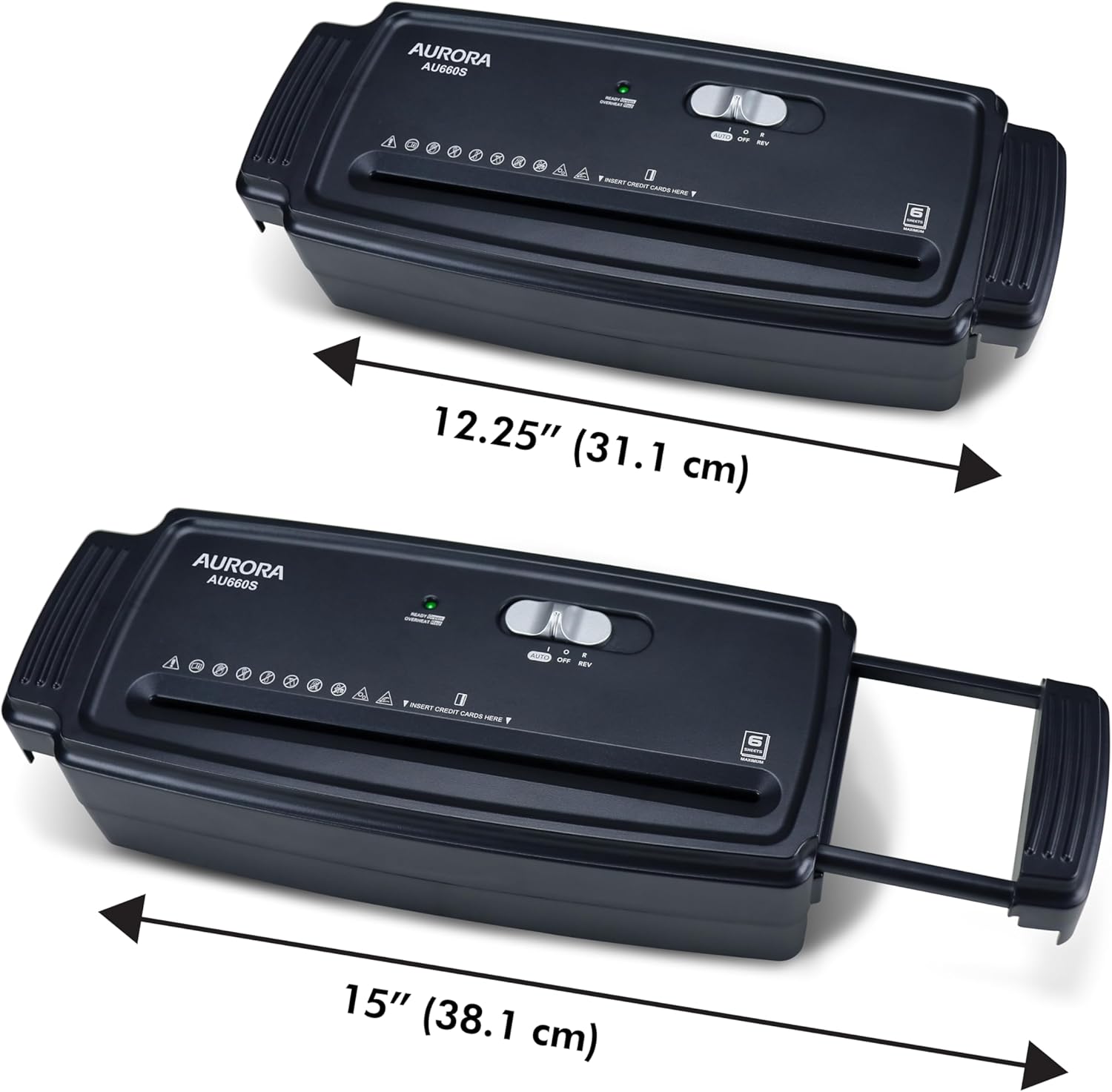 AU660S 6-Sheet Strip Cut Paper/Credit Card Shredder Without Wastebasket, Portable with Extendable Arm, Black