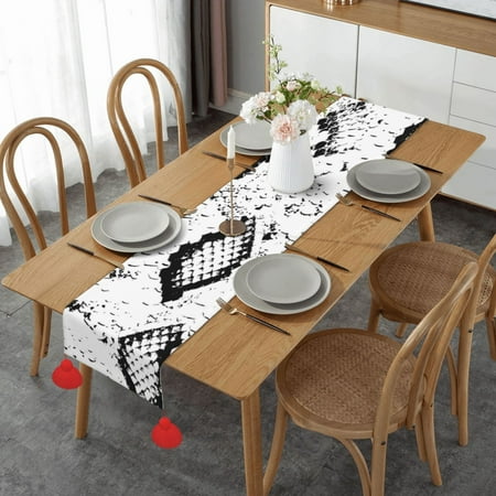 

Snake Skin Black And White Printed Table Runner Imitation Linen Table Runner With Red Tassels For Party And Dining Room 14 x 60