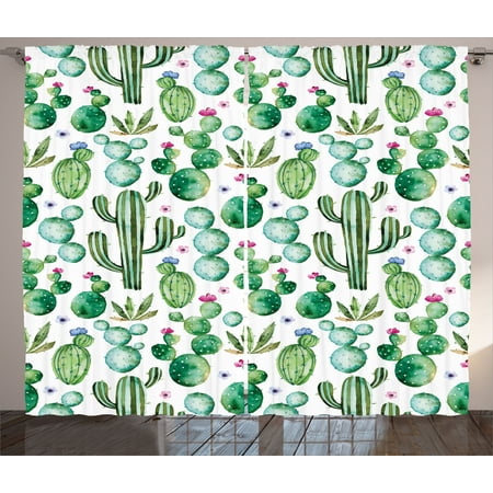 Green Decor Curtains 2 Panels Set, Mexican Texas Cactus Plants Spikes Cartoon Like Art Print, Window Drapes for Living Room Bedroom, 108W X 84L Inches, White Light Pink and Lime Green, by