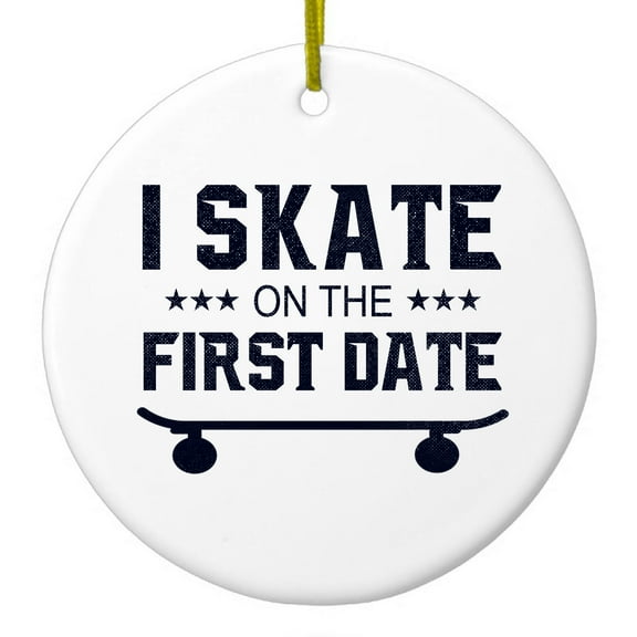 DistinctInk Hanging Ceramic Christmass Tree Ornament with Gold String - Great Gift / Present - 2 3/4 inch diameter - I Skate on the First Date