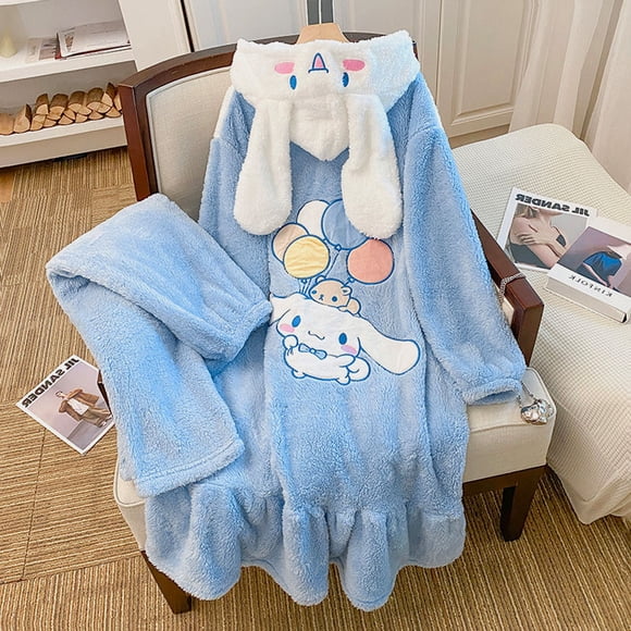 Sanrio Cinnamoroll Plush Cotton 2 Pcs Pajamas Sets Y2k Embroidery Cartoon Women‘s Winter Thickened Fleece Nightgown Home Set