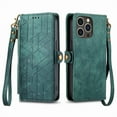thumbnail image 2 of SaniMore for iPhone 15 Pro (6.1" 2023) Case, PU Leather Embossed Lines with Wrist Strap Zipper Cash Pocket Card Slots Magnetic Flip Stand Full Protective TPU Shell Anti-drop Business Design - Green, 2 of 14