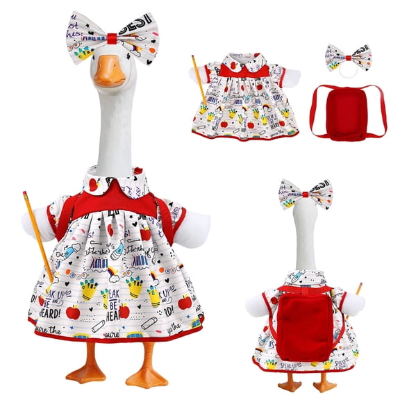 Fit 23" Back to School Porch Goose Outfit Includes Bow Headband Red Schoolbag Doll Collar Dress and Pencil for Cement Goose Statue for Garden Patio Lawn Yard Outdoor Decor