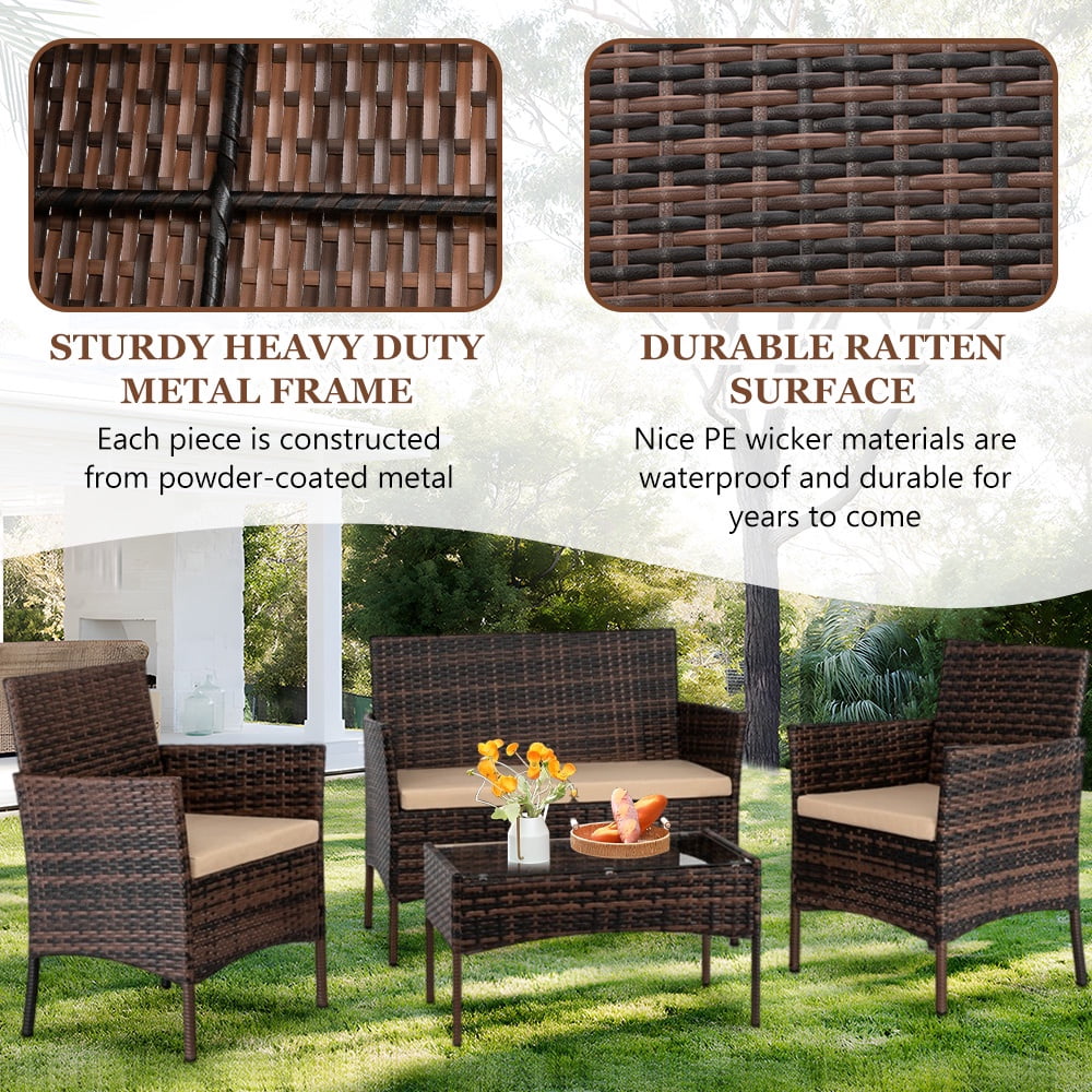 4 Pieces Outdoor Wicker Conversation Set, All-Weather Rattan Patio Furniture Sets with Arm Chairs, Tempered Glass Tabletop and Cushions, Sectional Sofa Set for Backyard, Garden, Poolside