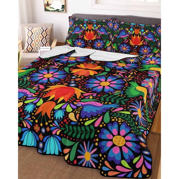 Mexican Flower Twin Size Down Alternative Comforter, Lightweight Comforter Quilt Bedding Set with Pillow Shams Abstract Colorful Floral Leaf Plant All Seasons Bed Comforter Duvet Insert 68"x86"