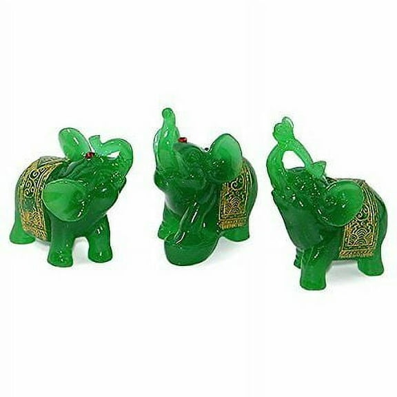 Feng Shui Set of 3 Green Jade Elephant Trunk Statues Wealth Figurine Home Decor G16923