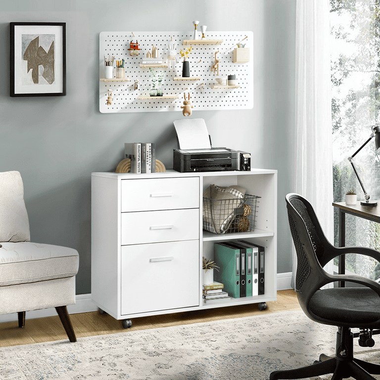 Richya Wood File Cabinet , Printer Stand with Open Storage Shelf, 3-Drawer  File Cabinet, Home Office White