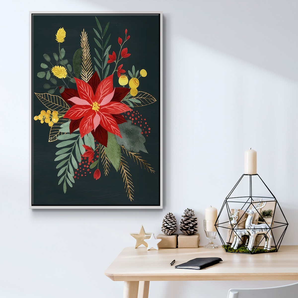Bright Christmas Night Collection B - Framed Gallery Wrapped Holiday Canvas - 17 x 25 - White Frame