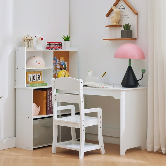 Kids Study Desk with Chair, Kids Desk and Chair Sets with Open Shelves and Cloth Drawers, L Shape Wooden Children Study Table, Student Writing Table