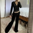 thumbnail image 2 of Ecqkame sets for women Two Piece Long Sleeve Zip Up Velour Tracksuit Crop Tops Wide-Leg Sweatpants Outfits Sets with Pockets Black S, 2 of 8