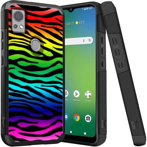 ANJ  Shockproof Dual Layer Slim Hard Case   Tempered Glass Cover Compatible with Icon 5, AT&T Motivate 4 - Rainbow Zebra