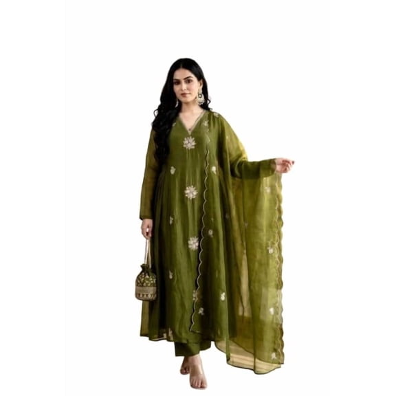 Satyam Creation Women's Mehendi Green Rayon Embroidered A-Line Kurti Pant & Scalloped Dupatta, M(38)