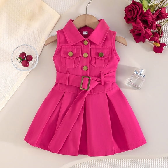 BLTIBY Girls Summer Sleeveless Dress Lapel Button down Mini Pleated Dresses with Adjustable Belt for Sweet Casual Outfits Hot Pink 3-4 Years
