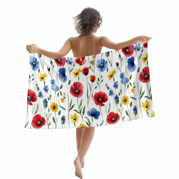 4th of July Beach Towels Blanket Soft&Absorbent Quick Dry Microfiber Red Blue Poppies Floral Pool Towels for Swimming ,Yoga, Sports, Gym, Camping,Large 35X70in,