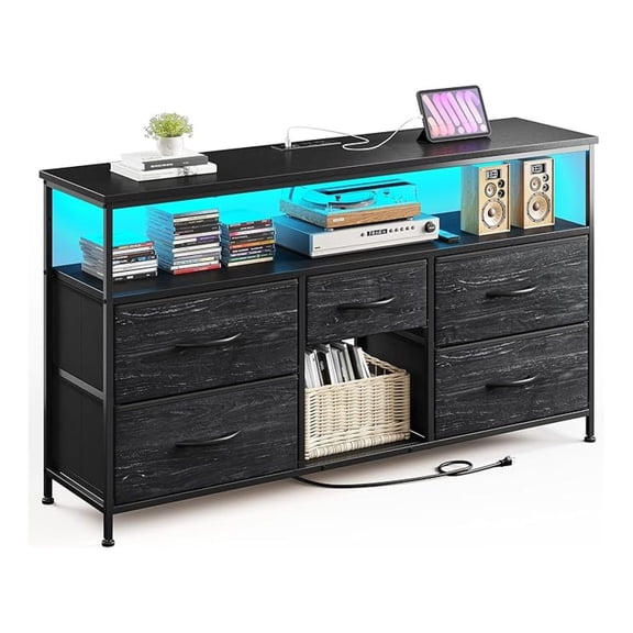 TV Stand with & Power Outlets, Entertainment Center for 50" Inch TV, 5 Drawers TV Stand for Bedroom Dresser with Shelves for Living Room, Sturdy Metal Frame, Black