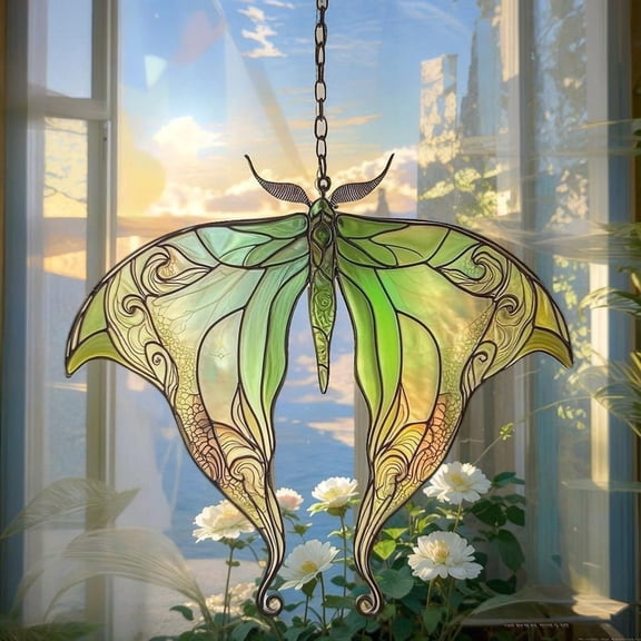 Green Luna Moth Faux Stained Glass Suncatcher - Acrylic Butterfly Window Hanging, Nature Lover Gift For Boho Garden Decor