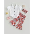 thumbnail image 2 of Bagilaanoe 3pcs Toddler Baby Girl Long Pants Set Short Sleeve Romper Tops + Flower Print Flare Trousers + Headband 6M 12M 18M 24M 3T Kids Casual Outfits, 2 of 9