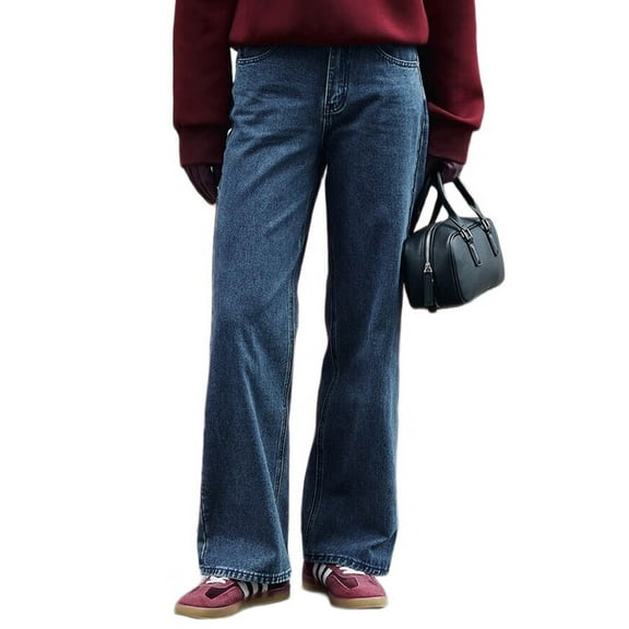 Women'S Loose Jeans, Wide Straight Leg High Waist Jeans, Y2K Pants Dark Blue M