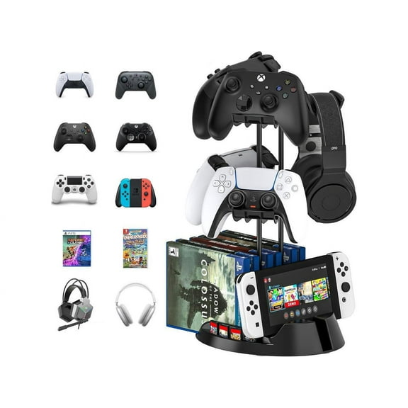 Controller Holder with Organizer Base, 2 Tiers Desk Gaming Controller Headset Stand with Cable Organizer for All Xbox PS4 PS5 Switch Pro Crontroller Gaming Accessories