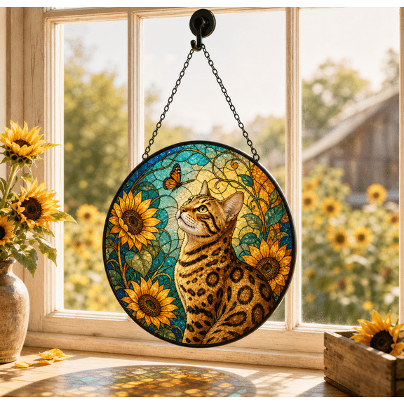Sunflower Cat Stained Glass Suncatcher Window Hanging Bengal Gift Decor