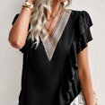 thumbnail image 4 of Blusa con Cuello en V Top Guipur Encaje Costuras Mangas cortas con volantes Blusa Camisa para mujer Verano Negro S Vhermosa, 4 of 8