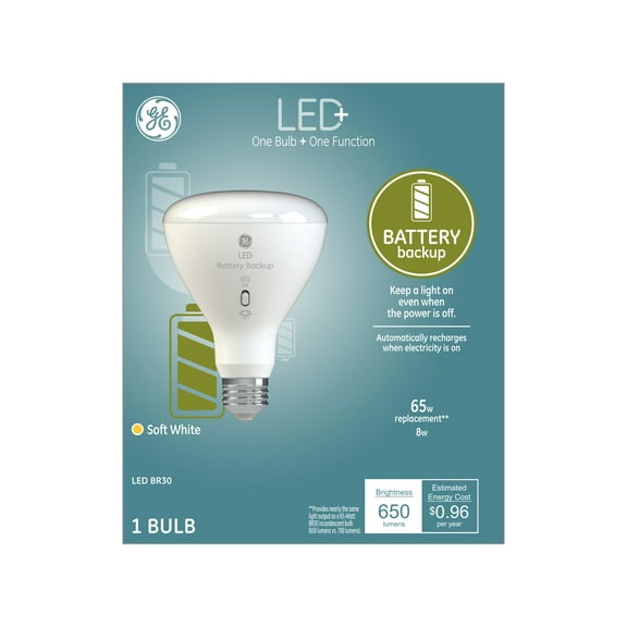 GE LED Battery Backup BR30 Indoor Floodlight 8-Watt LED Light Bulb (65W Equivalent), Soft White, Medium Base, Single Bulb