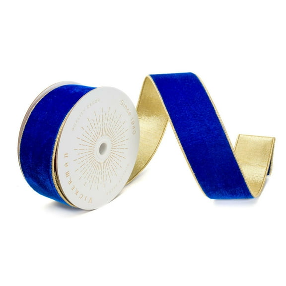 Vickerman QK241575 2.5 in. x 10 Yards Royal Blue Velvet Gold Trim Wired Ribbon