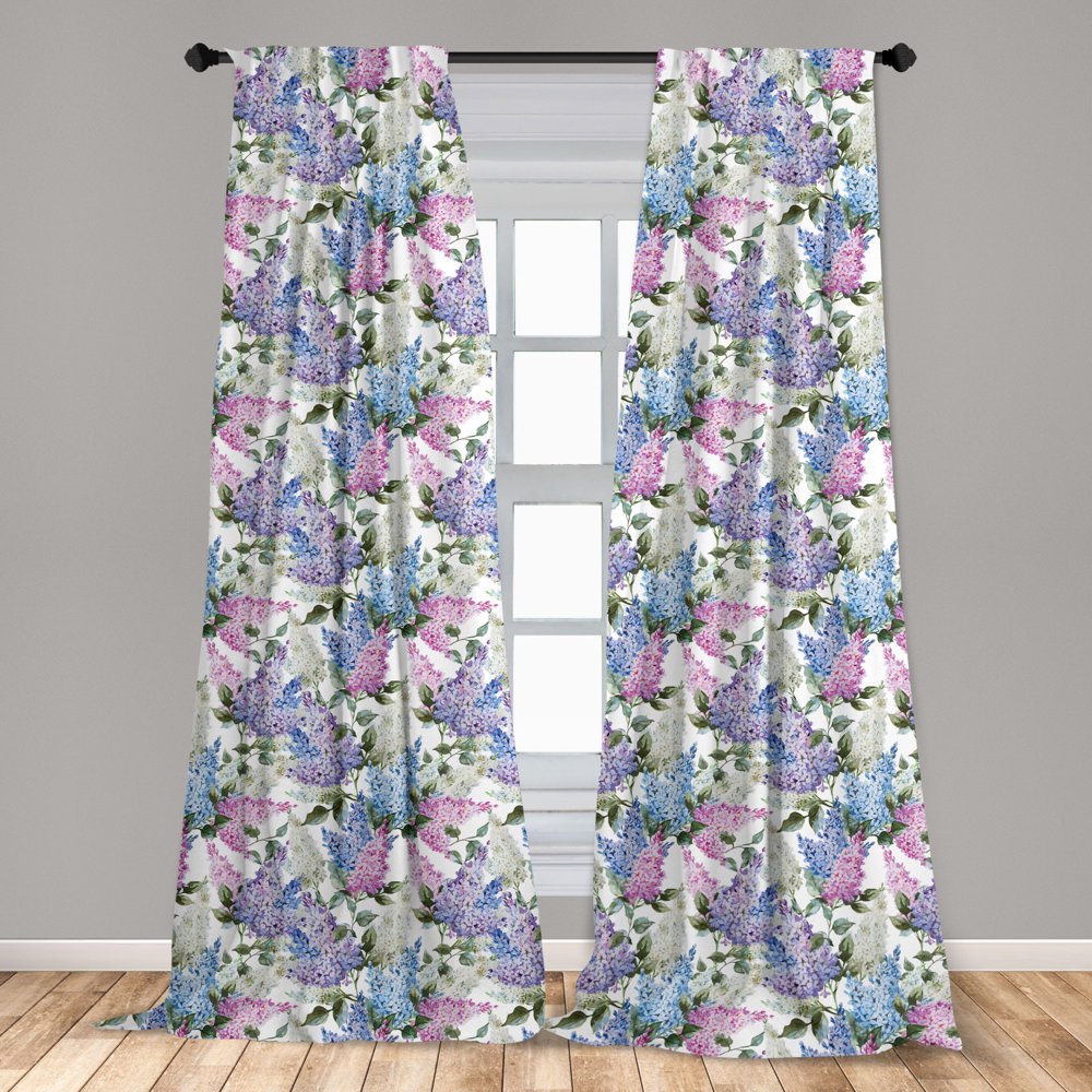 Lilac Curtains 2 Panels Set, Colorful Lilac Flowers Budding