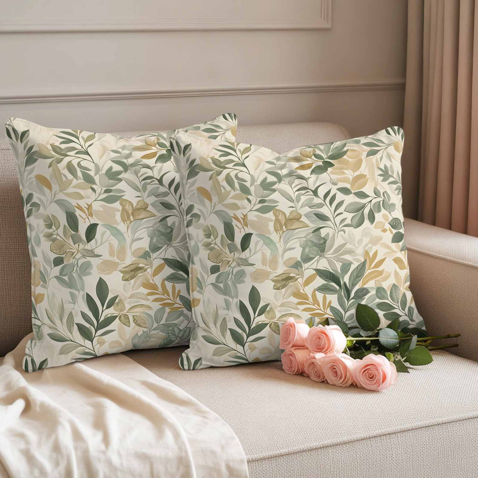 Vintage Leaves Outdoor Pillow Covers 24"x24" Set of 2, Rattail Leaves Plants Watercolor Texture Waterproof Throw Pillow Covers for Patio Furniture, Decorative Cushion Covers for Porch