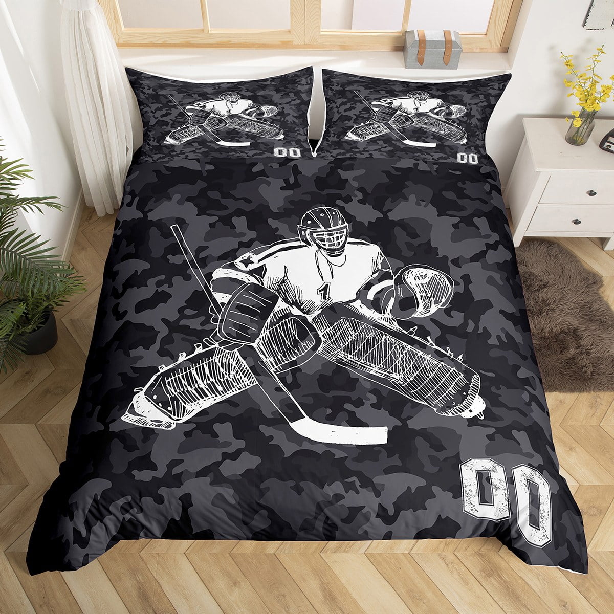 YST Hockey Bed Sets Twin Sport Bedding Set for Boys Black Camouflage