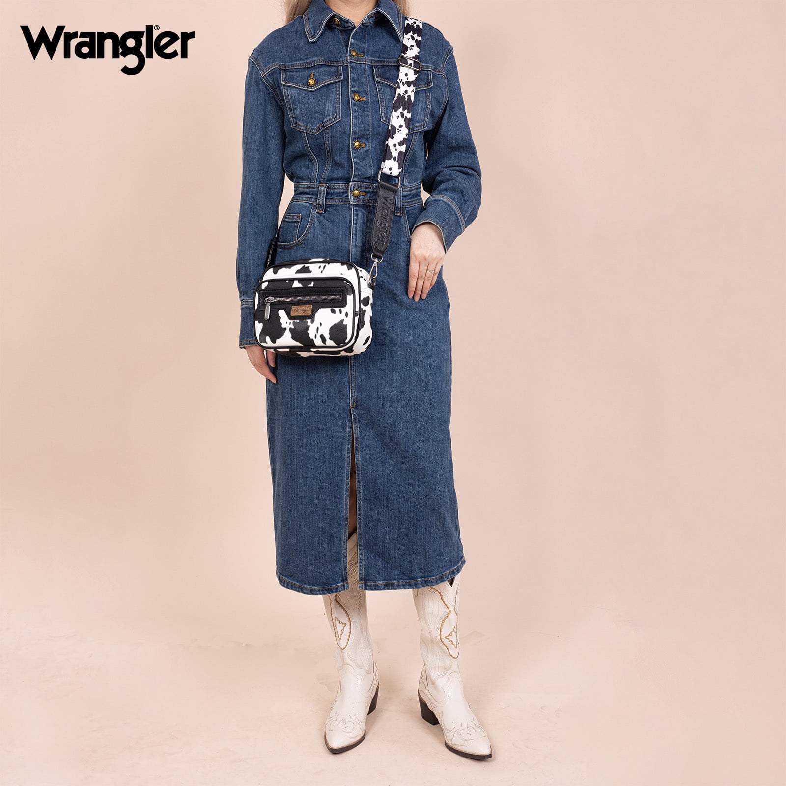 Wrangler Crossbody Bag for Women Multi Pocket Crossover Bag Shoulder Pursea with Adjustable Strap, Cow Print Black