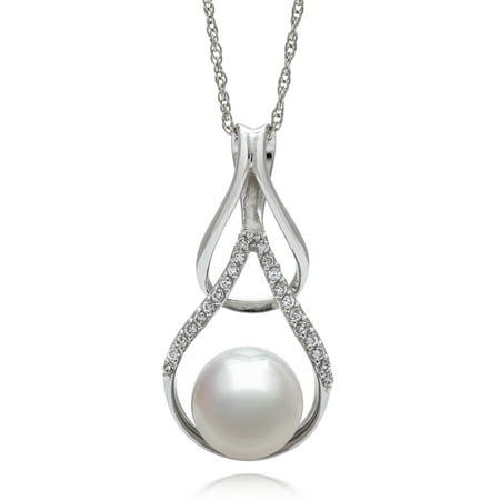 Rice Pearl Drop Pendant - 9-10mm Button Cultured Freshwater Pearl and White Topaz Sterling Silver Teardrop Pendant, 18