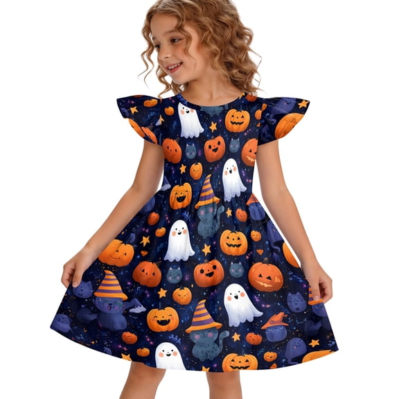 Dresses For Girls Halloween Vintage Print Flutter Short Sleeve Dress Casual Fall Halloween Wear for Tween Girls 6–12Y