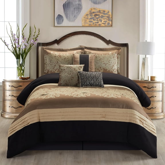Black/Gold Bed Comforter King Set, 7 Piece, Ultra Soft, Premium Microfiber, Pillow Shams Bedskirt, Jacquard Bedding Set, All Season