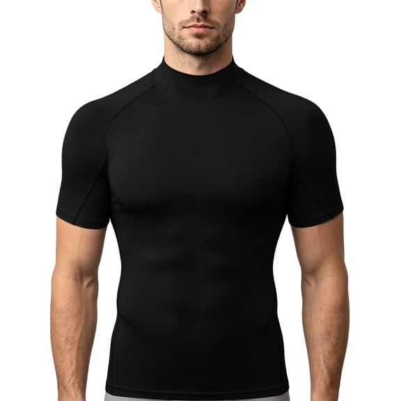 Men's Solid Color Mock Neck Short Sleeve Compression Top, Breathable Quick Dry Athletic Tee, Lightweight Workout Base Layer Shirt for Gym Training and Fitness