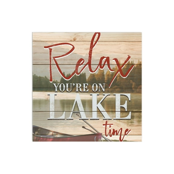 Relax Lake Time Green Waterscape Canoe 12 x 12 Wood Wall Sign Plaque